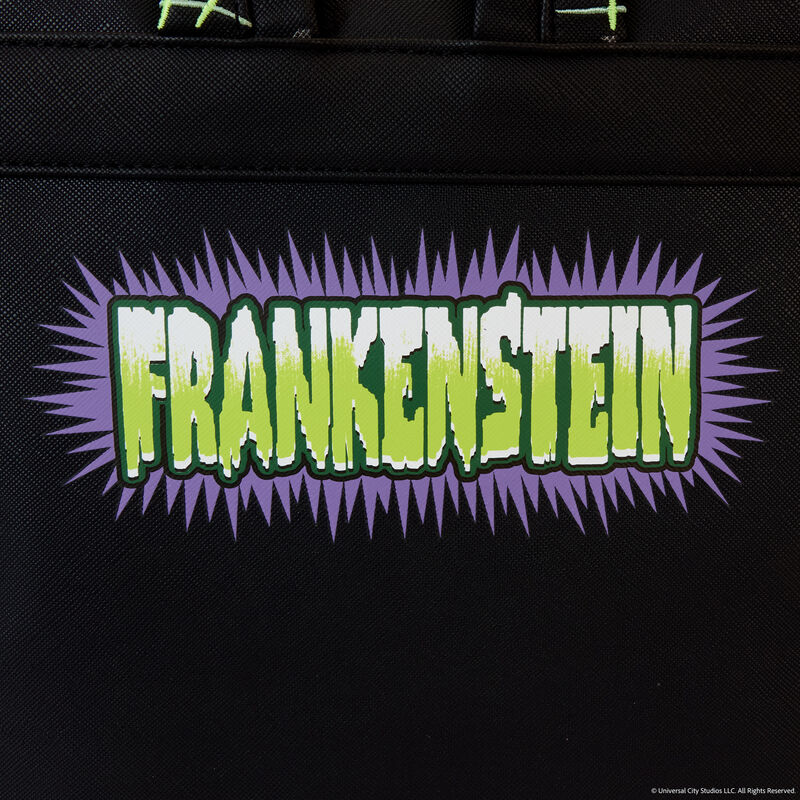 Black bag with 'Frankenstein' text in green and purple on a black background