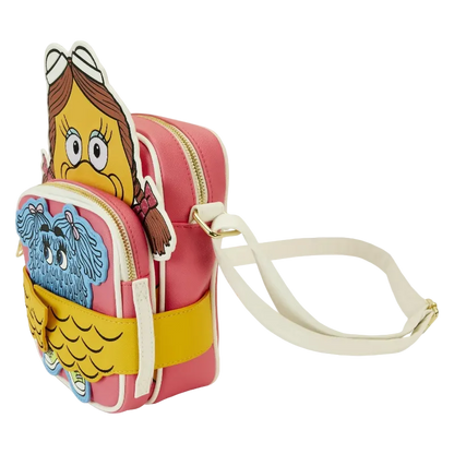 Cartoon-themed pink crossbody bag with character face on a white background
