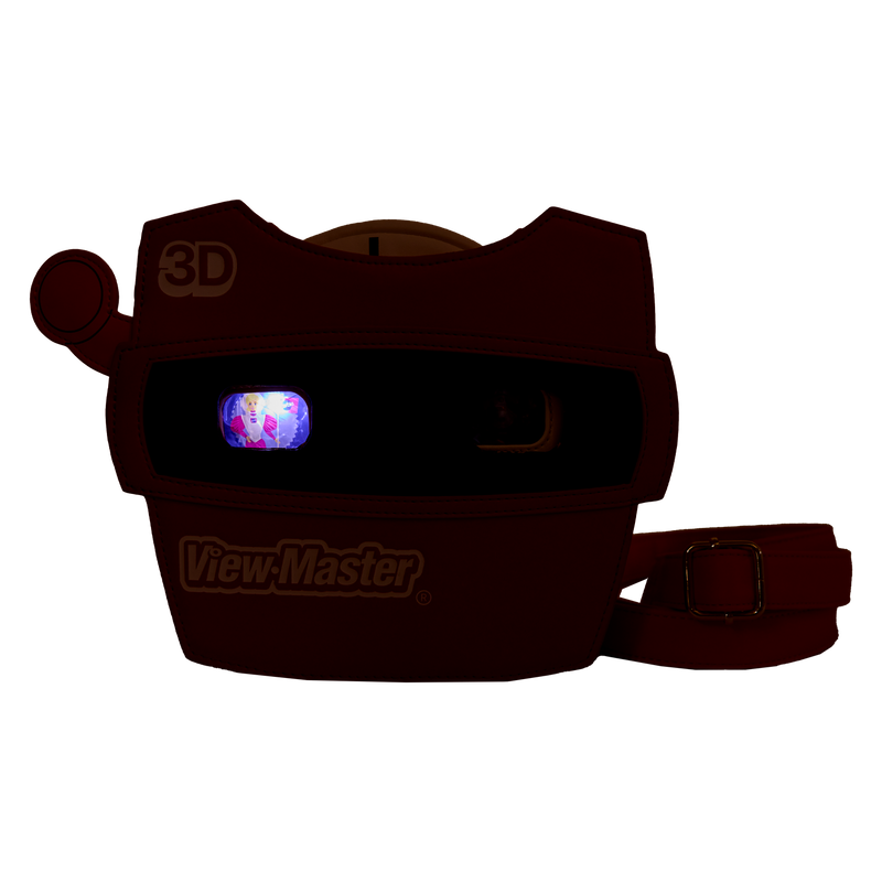 Vintage View-Master device with a strap on a white background