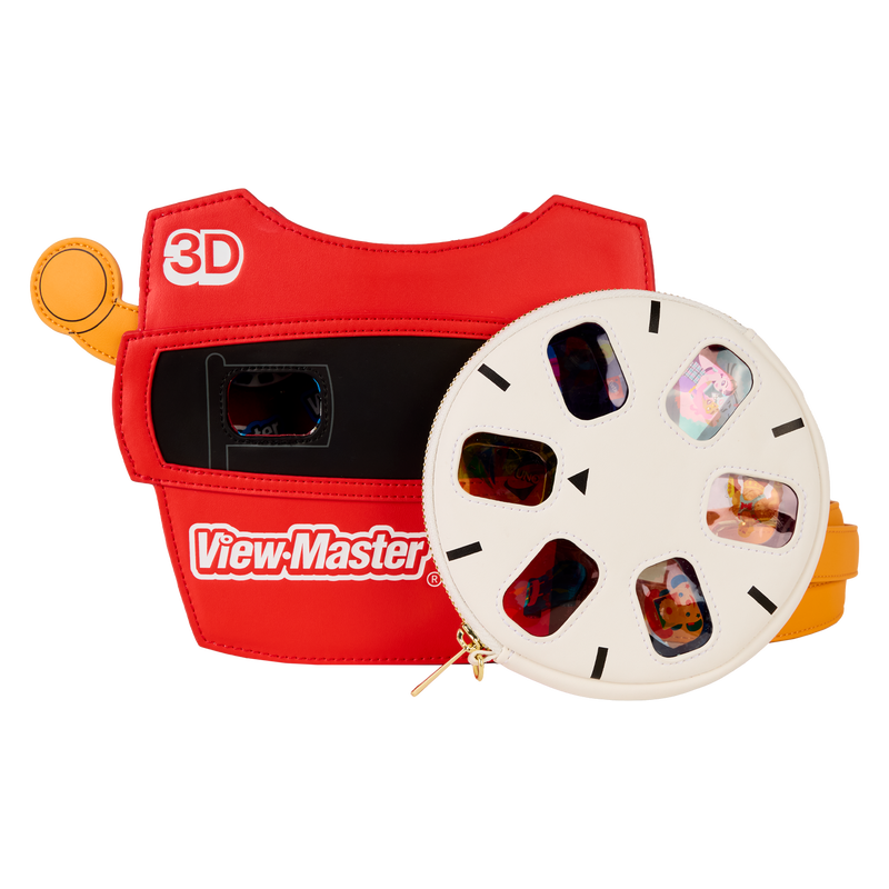Red View-Master with a reel on a white background