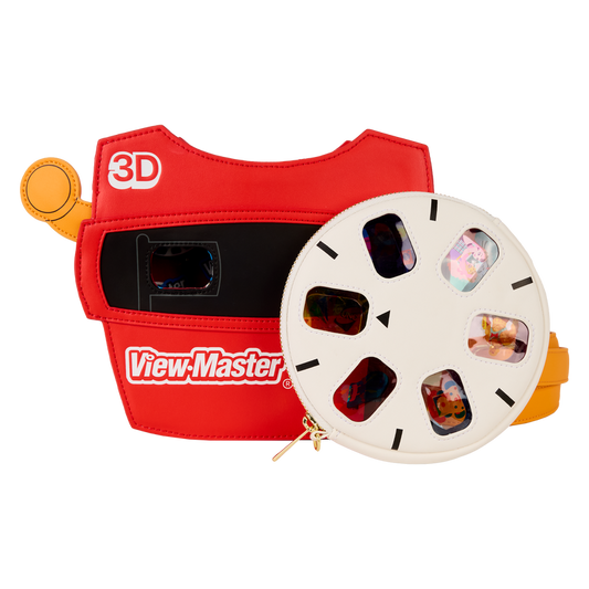Red View-Master with a reel on a white background