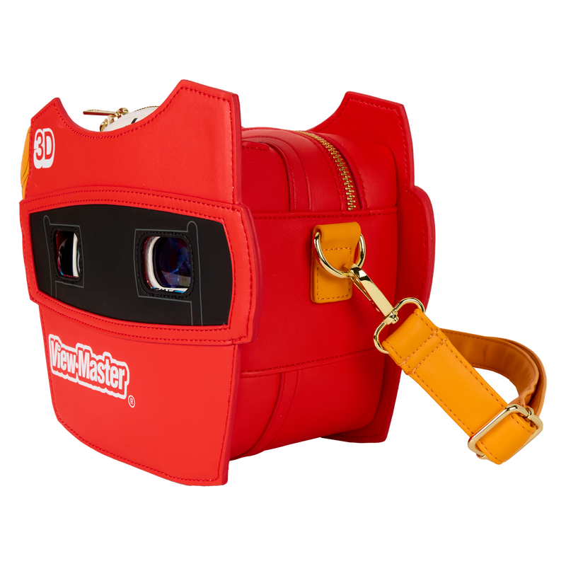 Red View-Master device with a yellow strap on a white background
