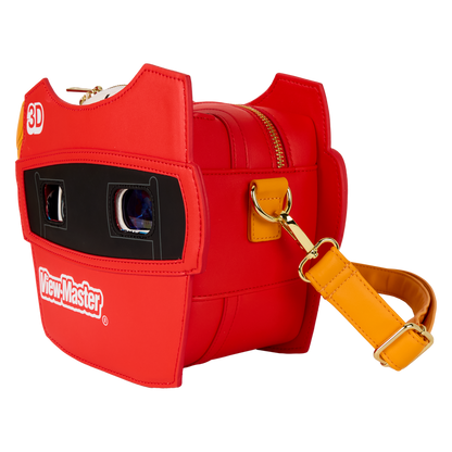 Red View-Master device with a yellow strap on a white background