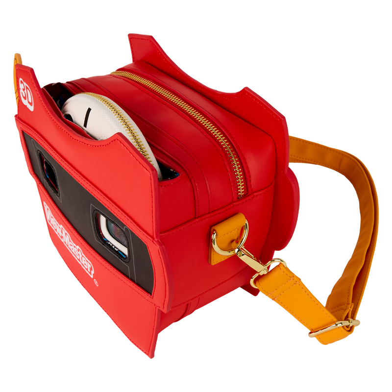 Red bag with a yellow strap featuring a 3D logo on a white background
