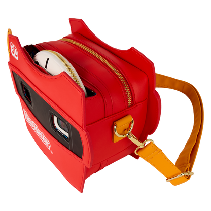 Red bag with a yellow strap featuring a 3D logo on a white background