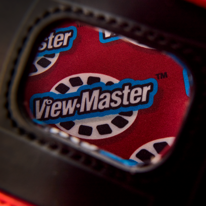 Close-up of a View-Master toy, focusing on the brand logo.