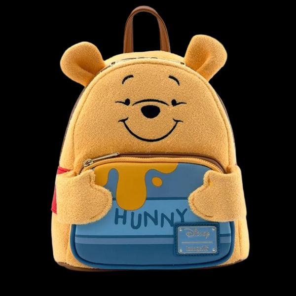 Yellow bear-shaped backpack with a honey design on a white background
