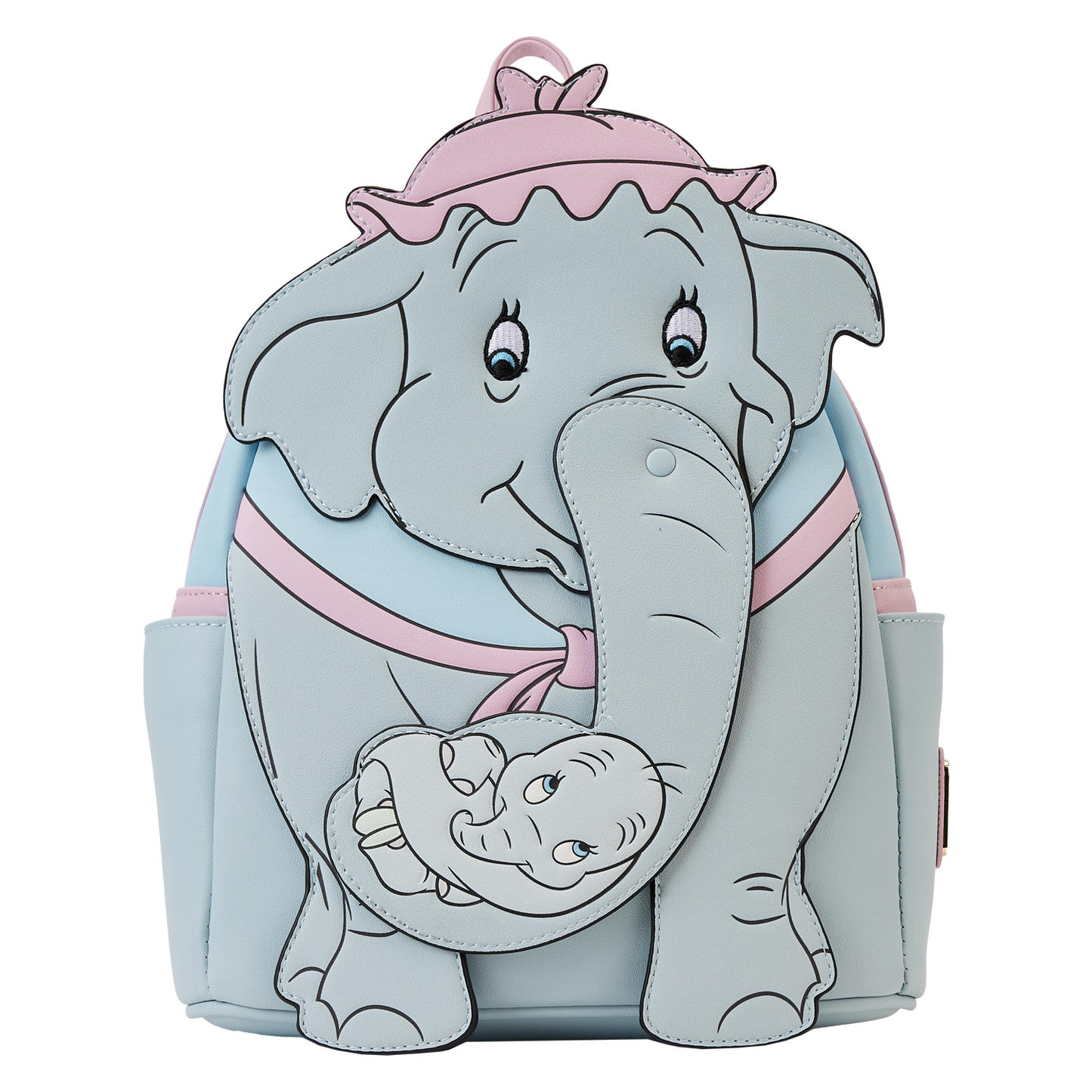 Backpack designed like a cartoon elephant with a baby elephant on its back, on a white background.