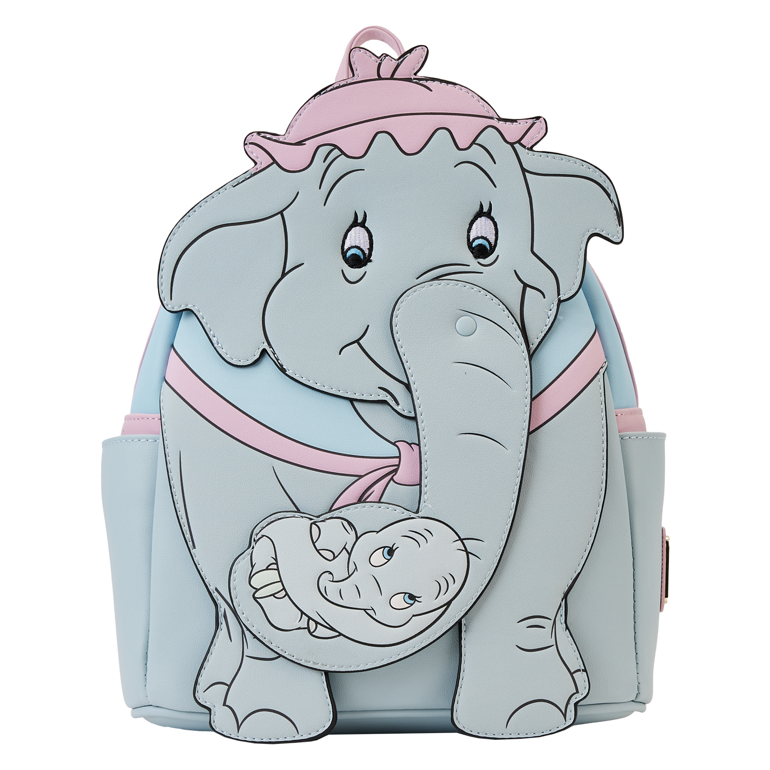Backpack designed like a cartoon elephant with a baby elephant on its back, on a white background.