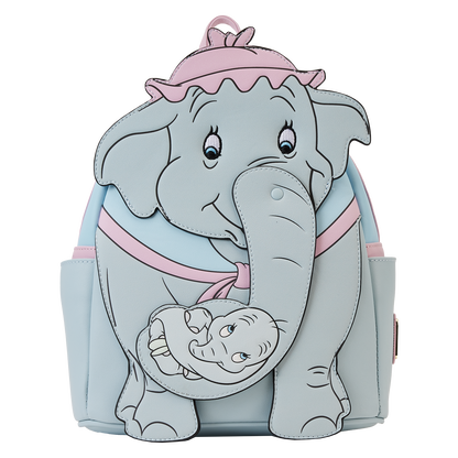 Backpack designed like a cartoon elephant with a baby elephant on its back, on a white background.
