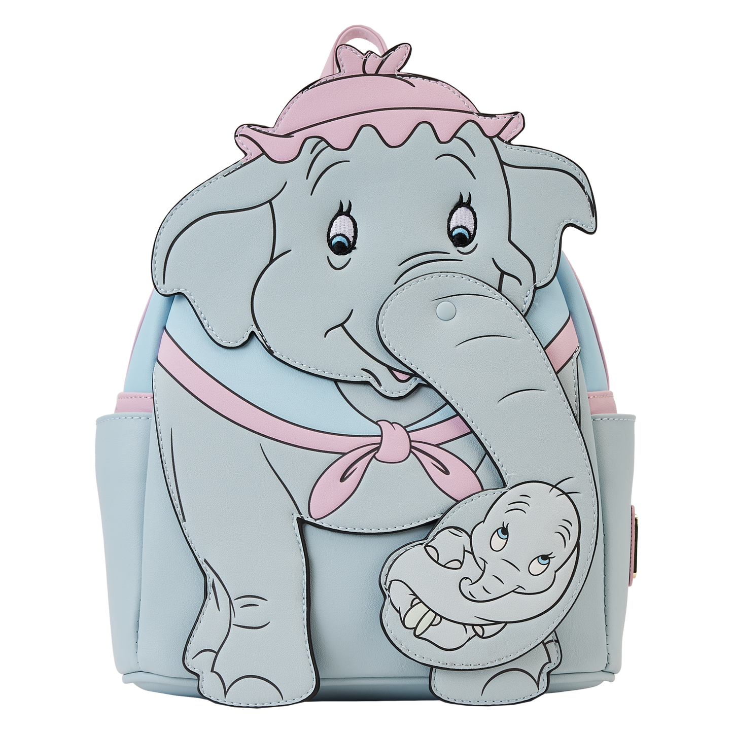 Backpack designed like a cartoon elephant with a baby elephant on a white background