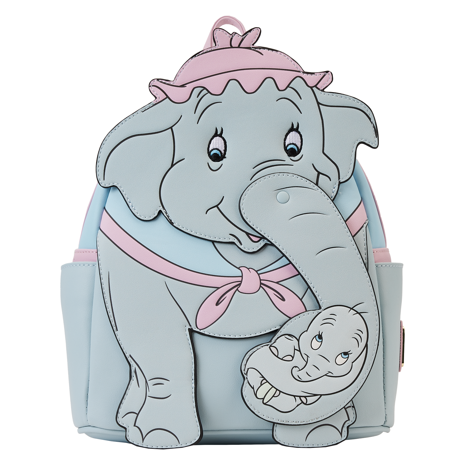 Backpack designed like a cartoon elephant with a baby elephant on a white background
