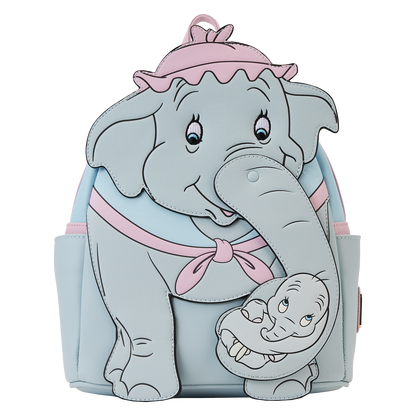 Backpack designed like a cartoon elephant with a baby elephant on a white background