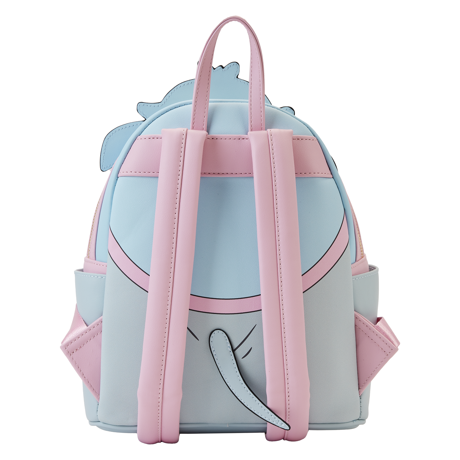 Backpack with pink straps and a light blue design on a white background