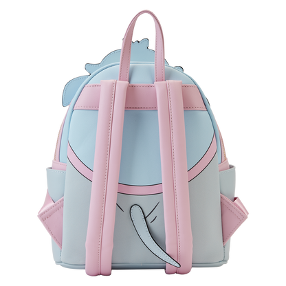 Backpack with pink straps and a light blue design on a white background