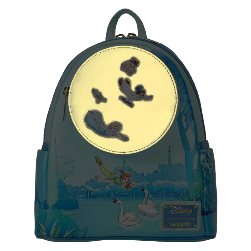 Backpack with animated design featuring characters and landscape, glowing in the dark.