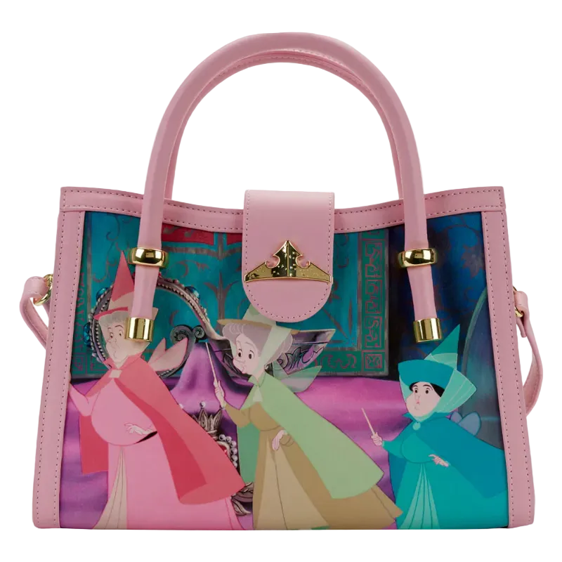 Pink handbag with fairy tale design featuring three fairies on a white background