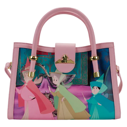 Pink handbag with fairy tale design featuring three fairies on a white background