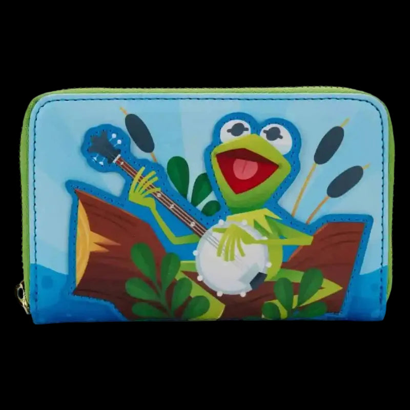 Colorful wallet with a cartoon frog playing a banjo on a blue background