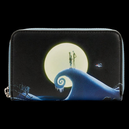 A zip-around wallet featuring a printed design of The Nightmare Before Christmas, showing Jack Skellington and Sally under a large full moon with a giant spiral wave in the foreground.