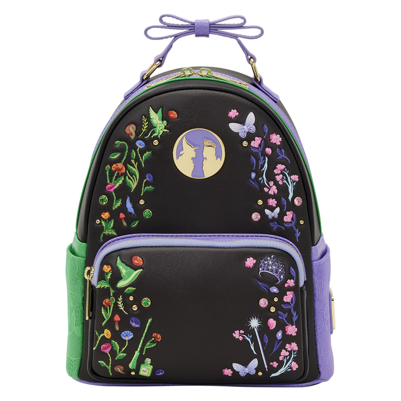Black backpack with colorful floral and fairy designs on a white background