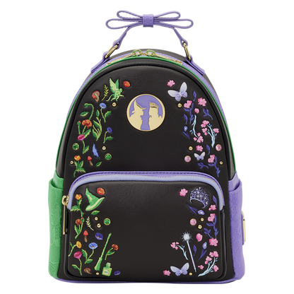 Black backpack with colorful floral and fairy designs on a white background