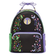 Black backpack with colorful floral and fairy designs on a white background