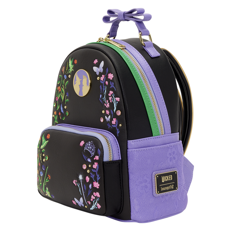 Backpack with floral designs and a purple handle on a white background