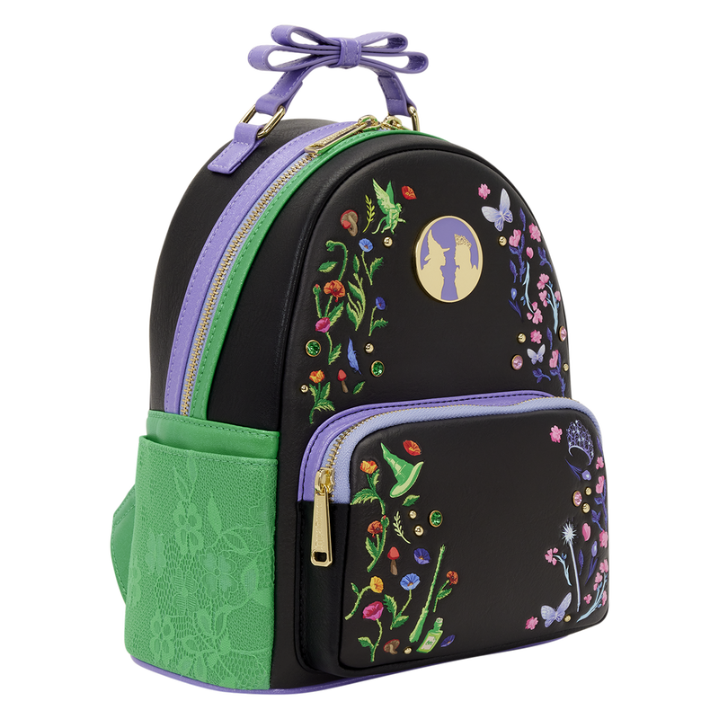 Black backpack with floral embroidery and green accents on a white background