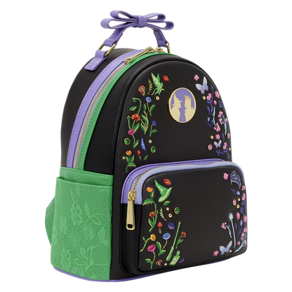 Black backpack with floral embroidery and green accents on a white background