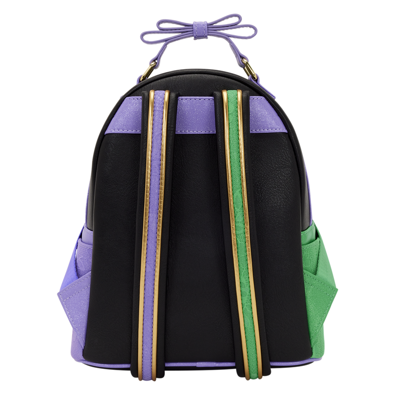 Black backpack with purple and green accents on a white background