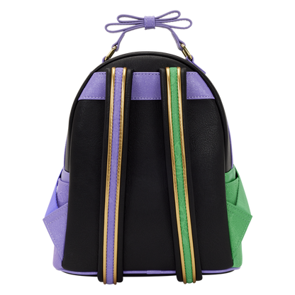 Black backpack with purple and green accents on a white background