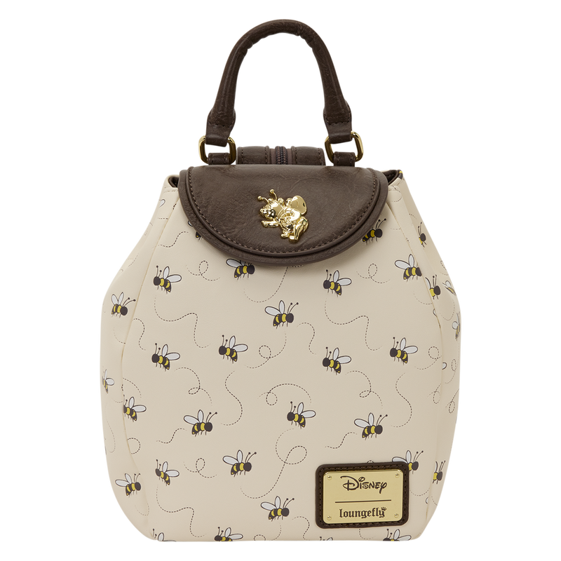 Small handbag with bee pattern and brown top section on a white background