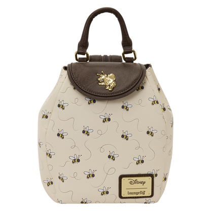 Small handbag with bee pattern and brown top section on a white background
