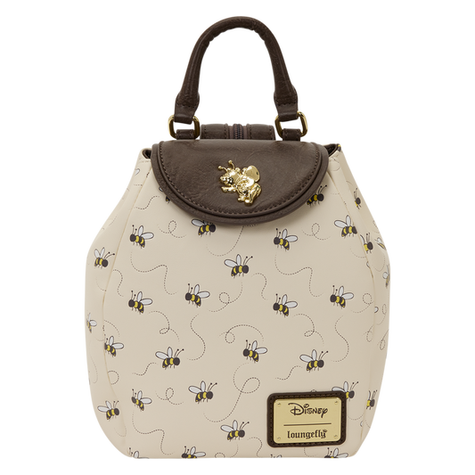 Small handbag with bee pattern and brown top section on a white background