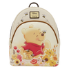 Backpack with Winnie the Pooh design featuring flowers and bees on a white background.