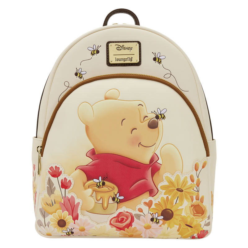 Backpack with Winnie the Pooh design featuring flowers and bees on a white background.