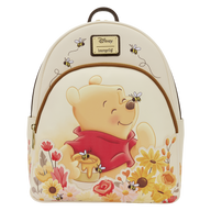 Backpack with Winnie the Pooh design featuring flowers and bees on a white background.