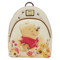 Backpack with Winnie the Pooh design featuring flowers and bees on a white background.