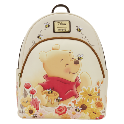 Backpack with Winnie the Pooh design featuring flowers and bees on a white background.