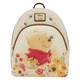 Backpack with Winnie the Pooh design featuring flowers and bees on a white background.