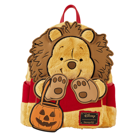Disney Loungefly Winnie the Pooh Halloween lion backpack featuring a plush lion face, red shirt, and a pumpkin bucket bag, shown on a plain white background.