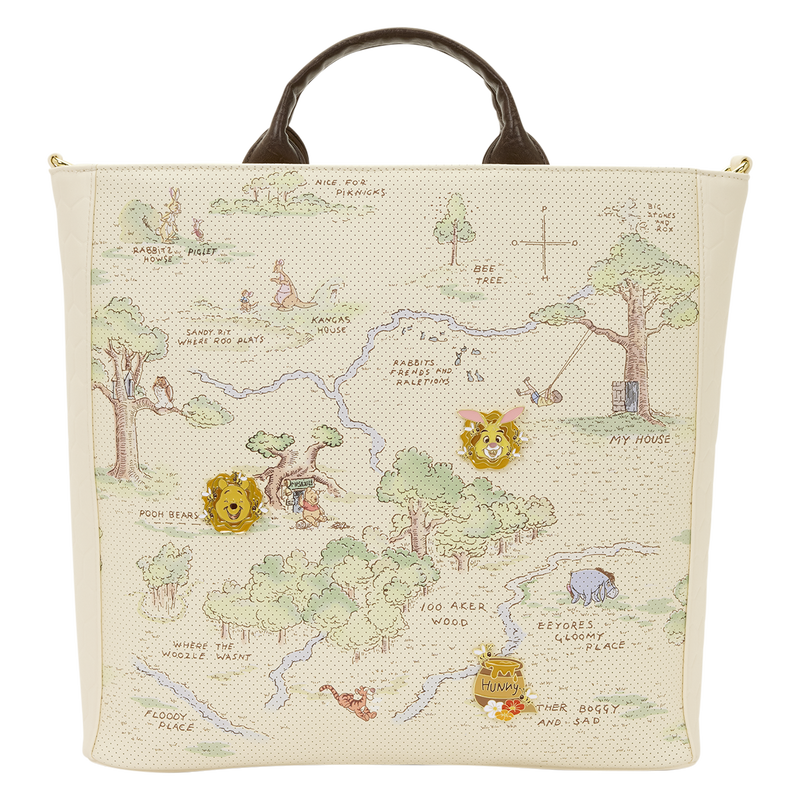 Tote bag with a map design featuring cartoon characters and trees on a white background