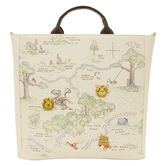 Tote bag with a map design featuring cartoon characters and trees on a white background