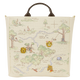 Tote bag with a map design featuring cartoon characters and trees on a white background