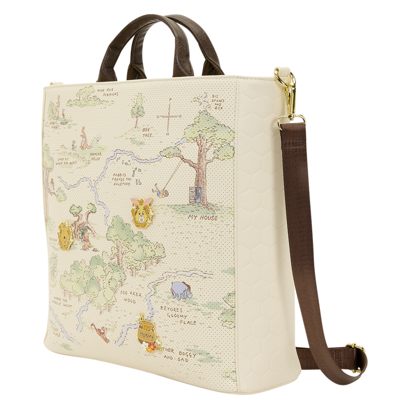 Bag with a map design featuring characters from a children's storybook on a white background