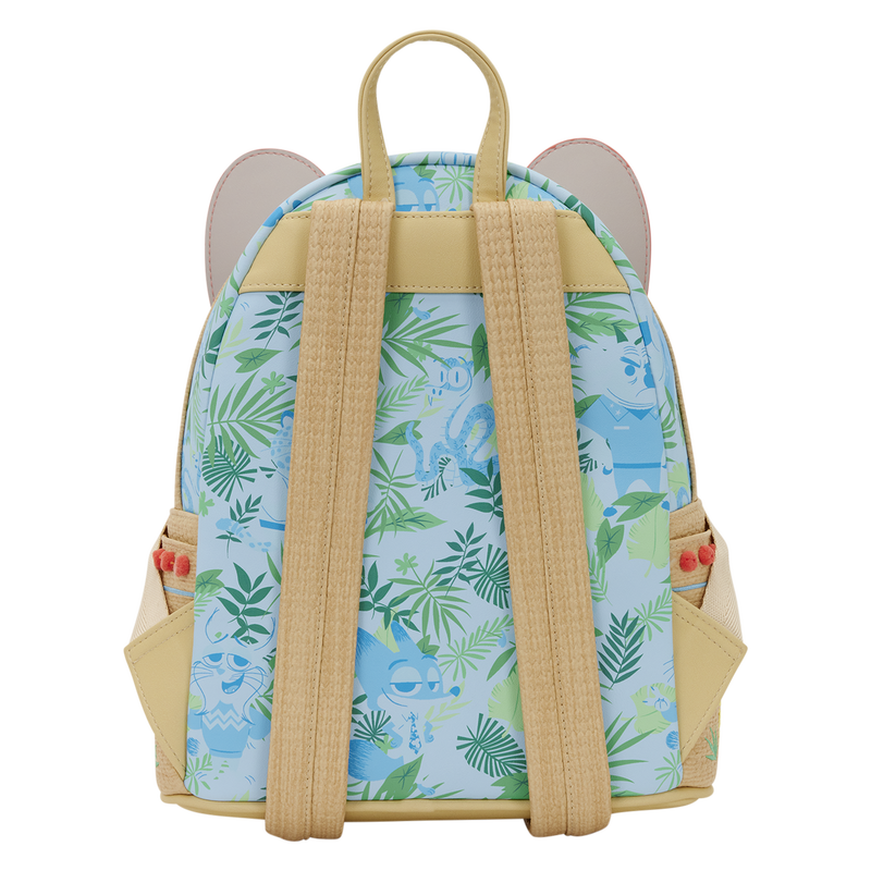 Backpack with a colorful dinosaur pattern on a white background