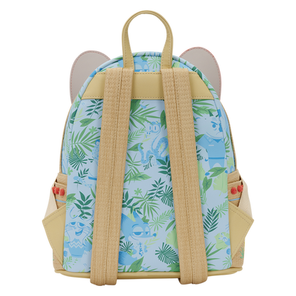 Backpack with a colorful dinosaur pattern on a white background