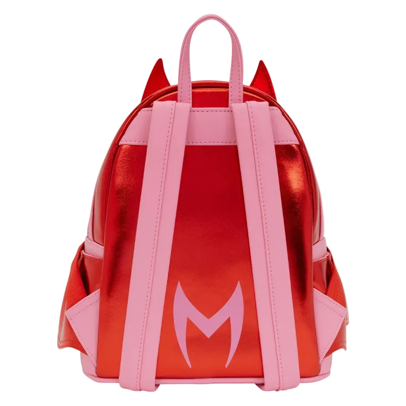 Red and pink backpack with a logo on a white background