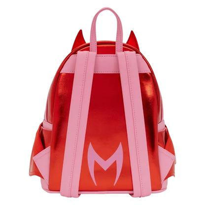 Red and pink backpack with a logo on a white background